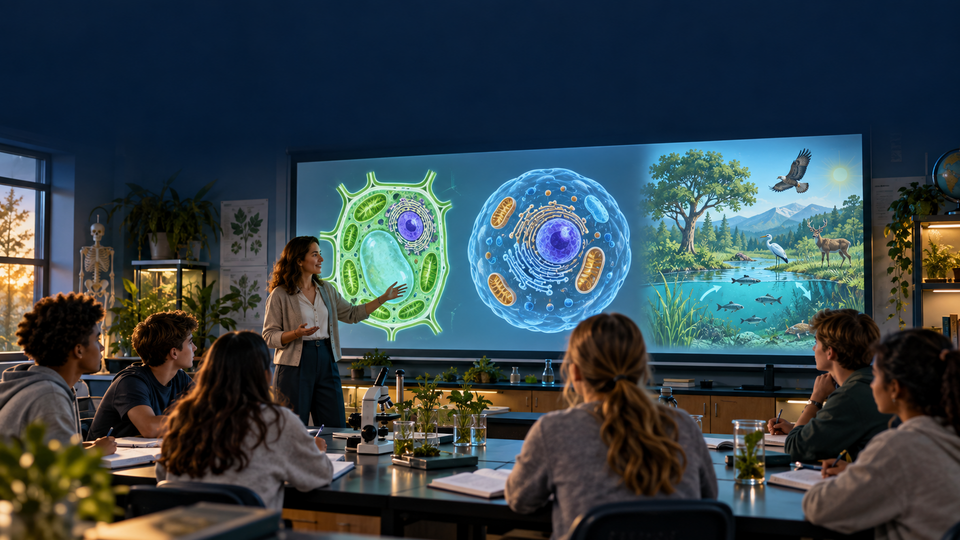 A teacher using visual high school biology materials